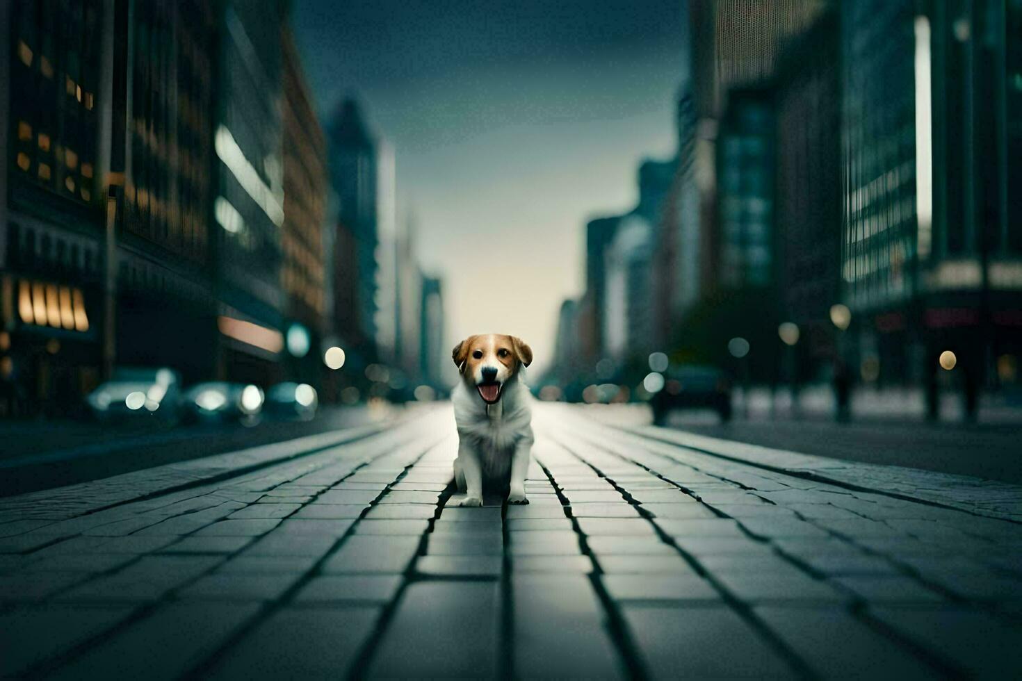 un perro en pie en un calle en un ciudad. generado por ai foto