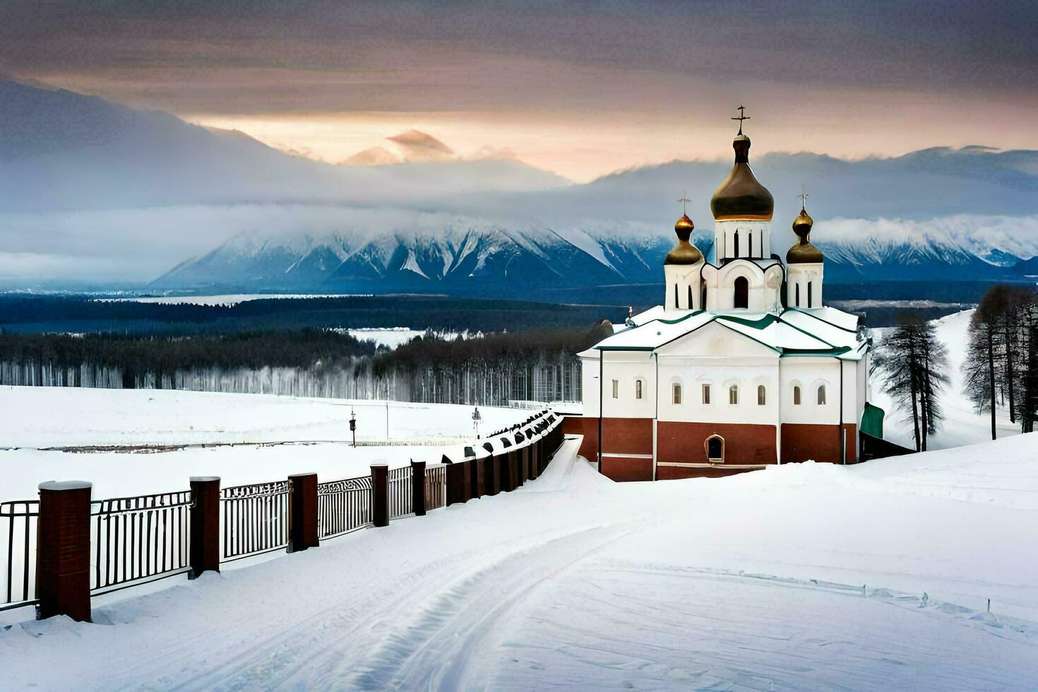 un Iglesia en el nieve con montañas en el antecedentes. generado por ai foto