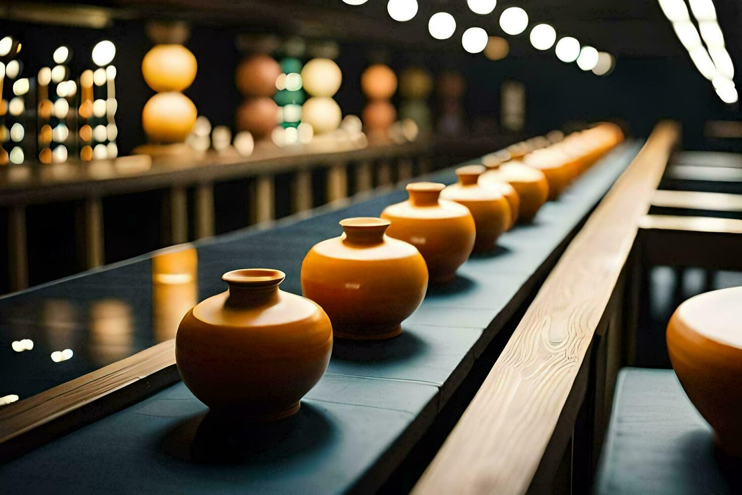 a row of vases lined up on a long table. AI-Generated photo