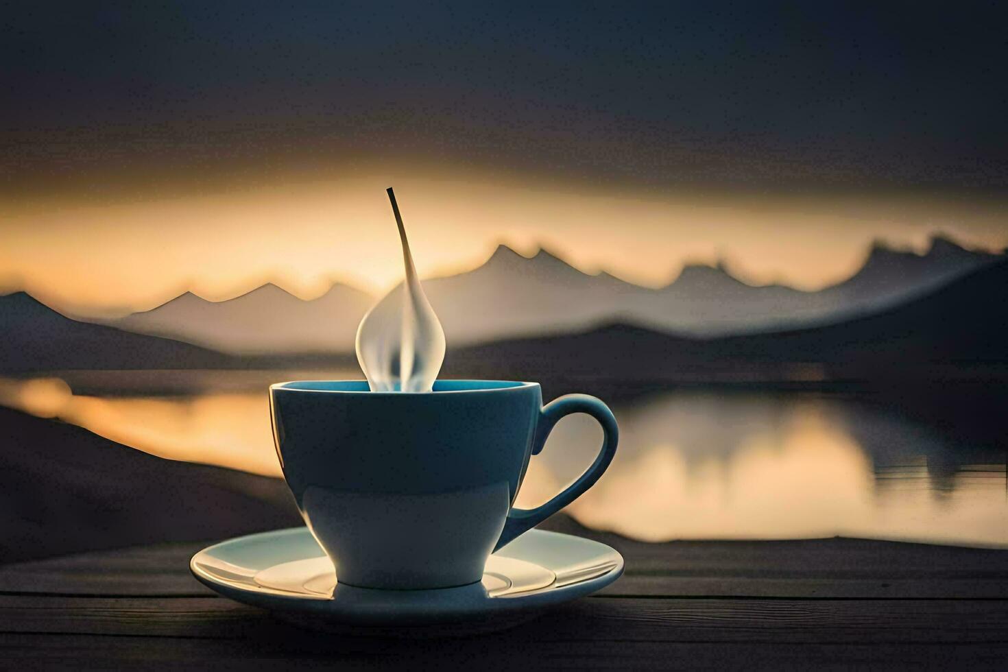 a cup of coffee on a wooden table with mountains in the background. AI-Generated photo