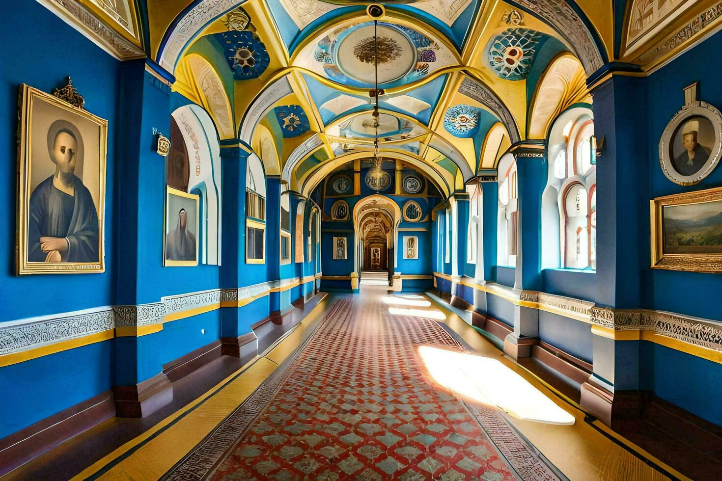 the hallway of a building with blue walls and blue ceiling. AI-Generated photo