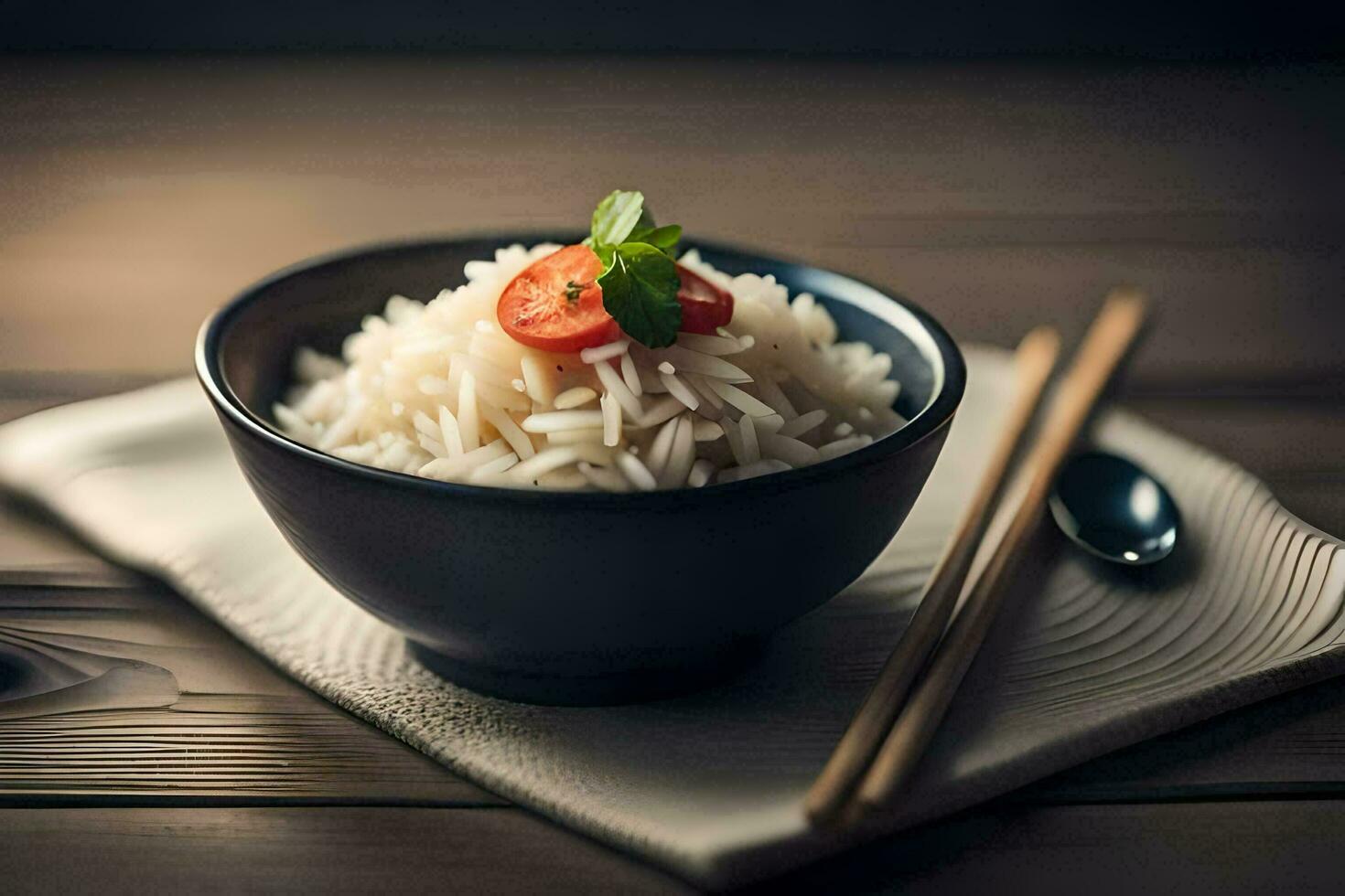 a bowl of rice with chopsticks on a wooden table. AI-Generated photo