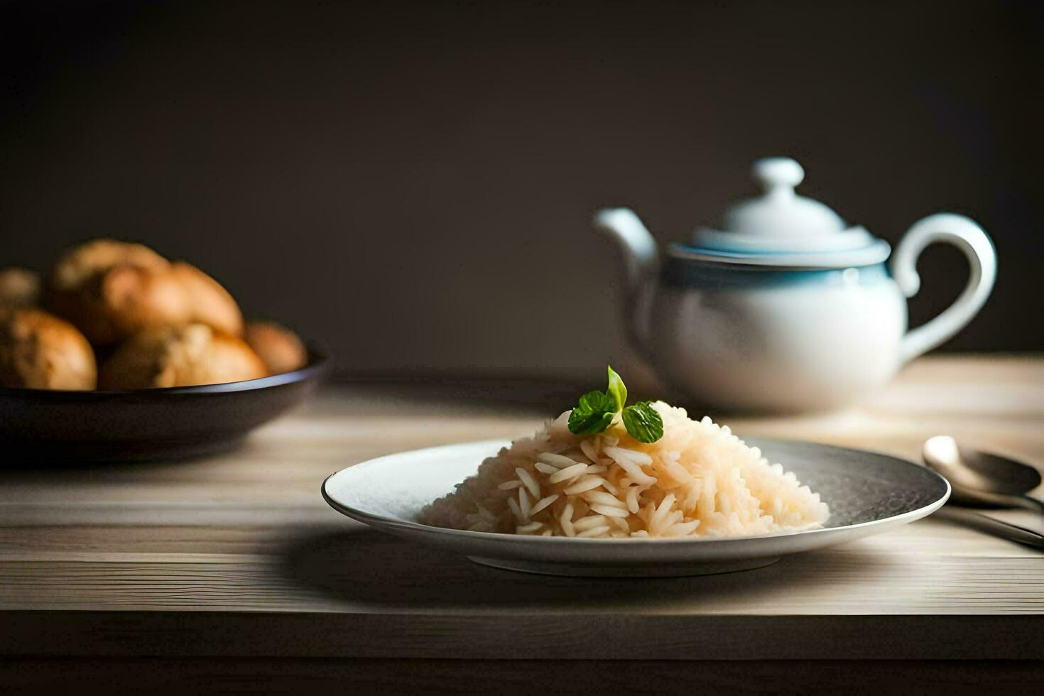 a plate of rice with a spoon and a teapot on a wooden table. AI-Generated photo