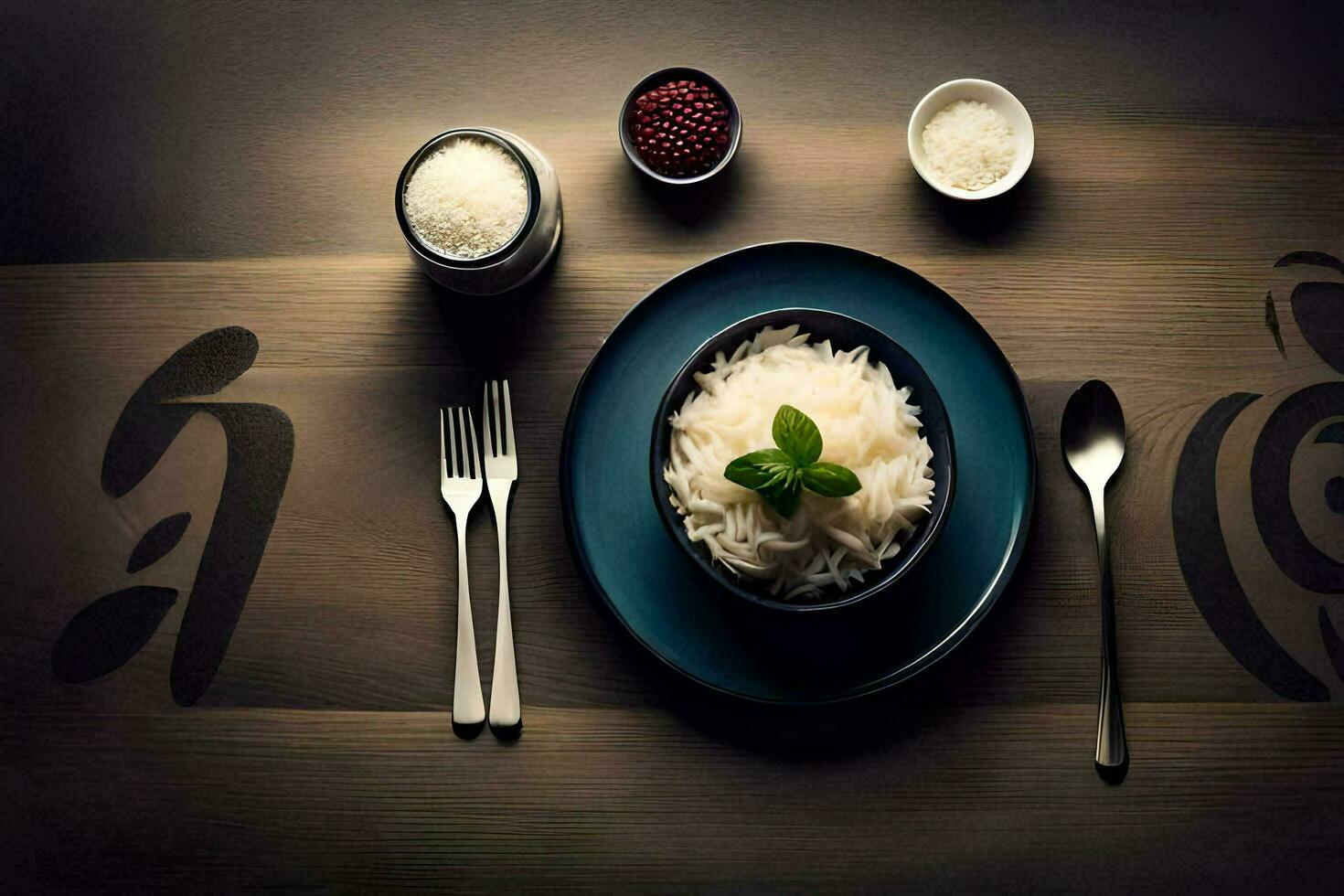 a plate with rice, chopsticks and a knife. AI-Generated photo
