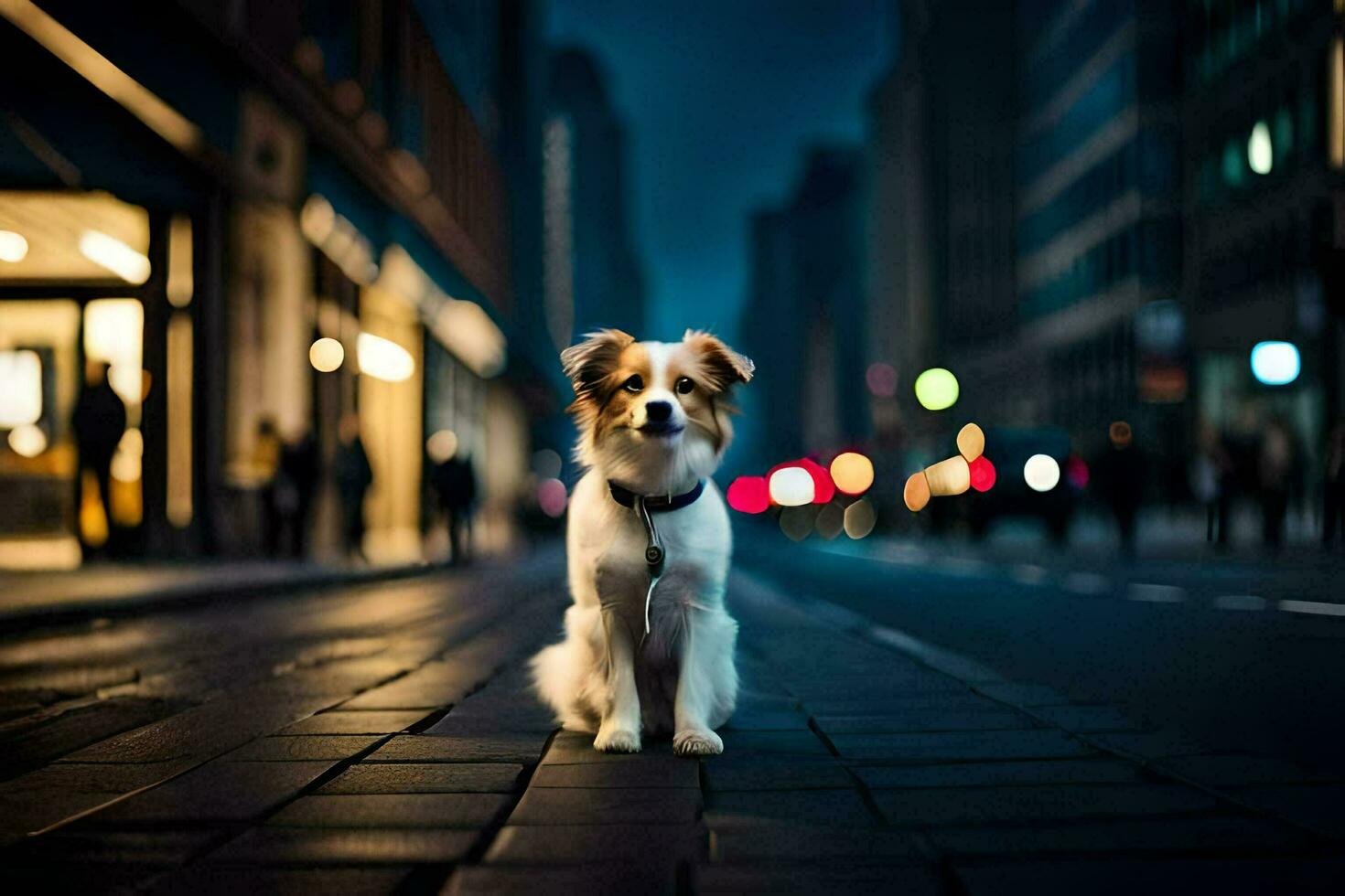 a dog sitting on the street at night. AI-Generated photo