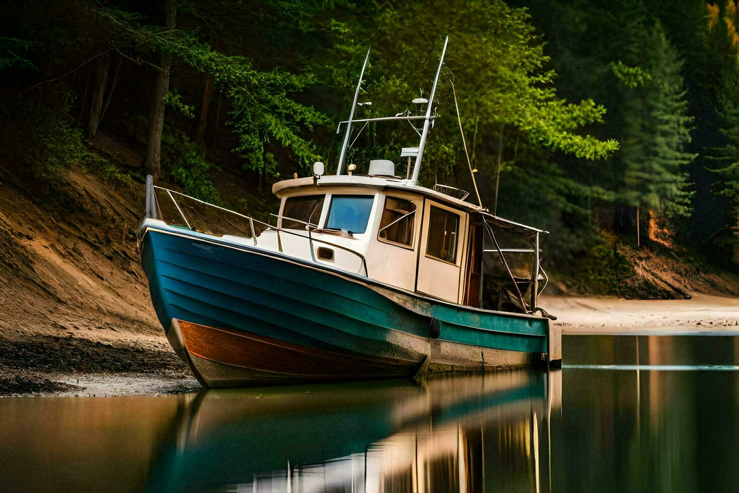 a boat is parked on the shore of a river. AI-Generated photo