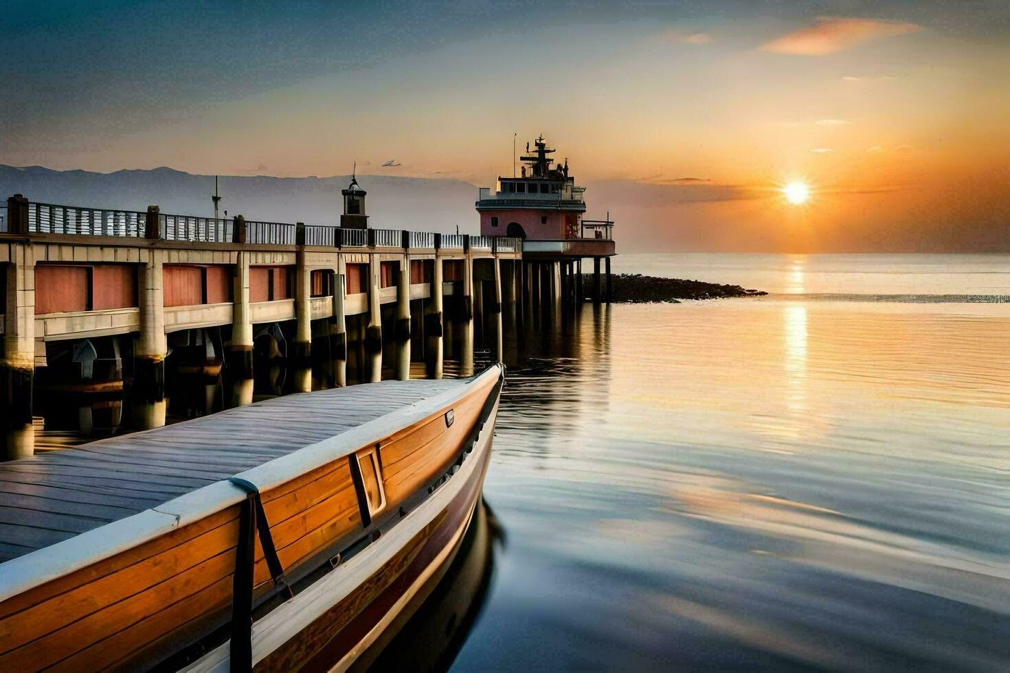 a boat docked at the pier at sunset. AI-Generated photo