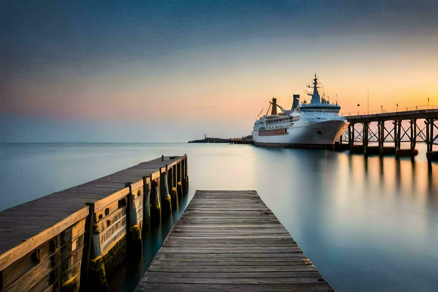 a cruise ship docked at the pier at sunset. AI-Generated photo