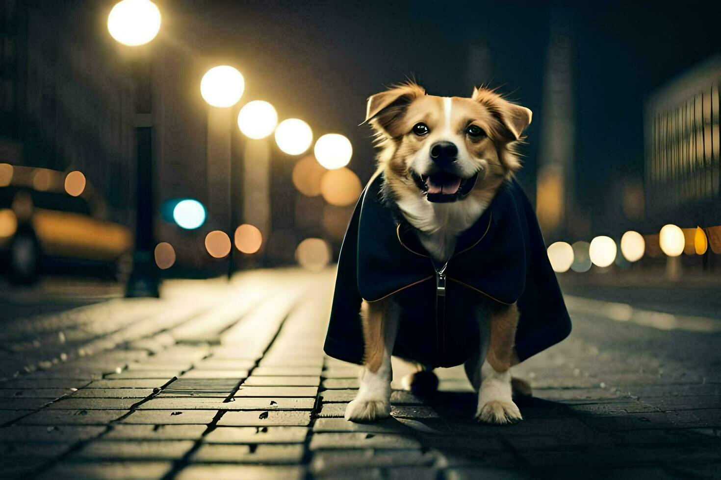 a dog wearing a cape on a street at night. AI-Generated photo