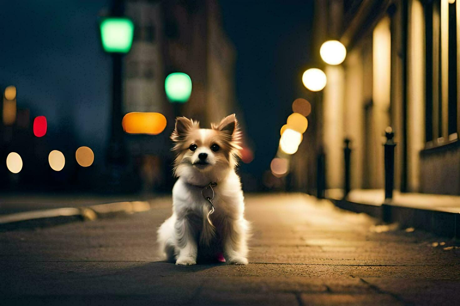 a small dog sitting on the street at night. AI-Generated photo