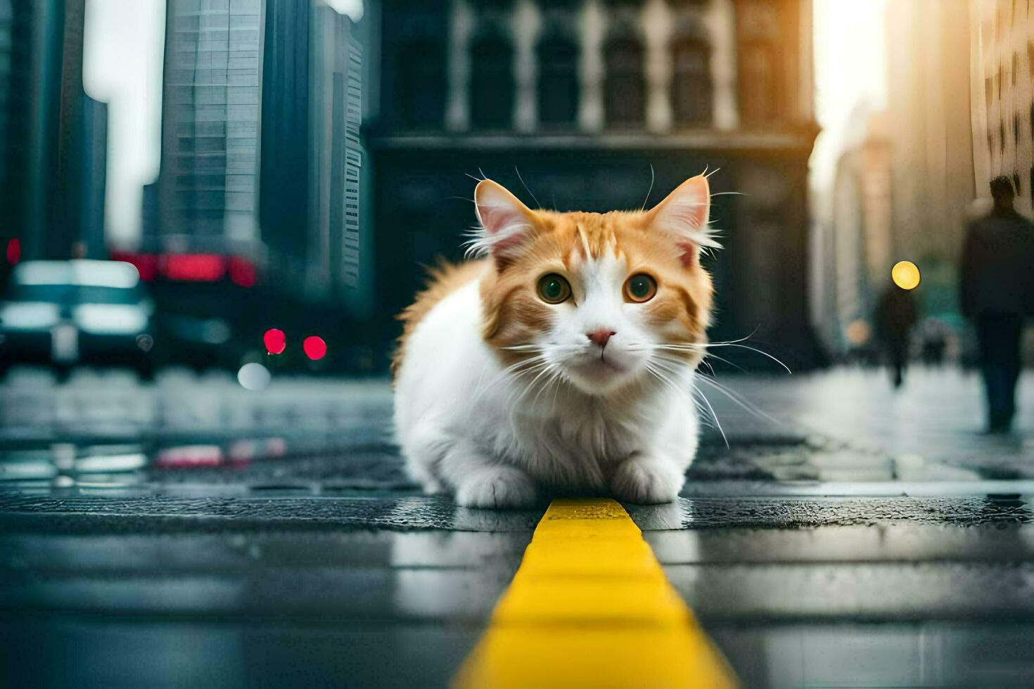 a cat is walking on the street in the city. AI-Generated photo