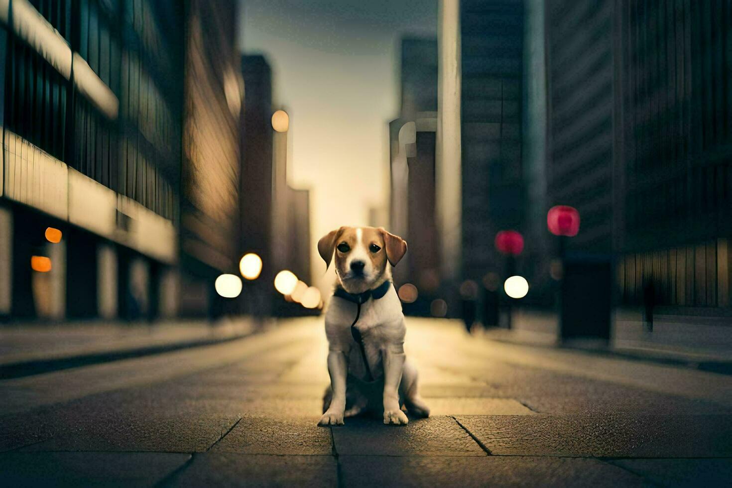 a dog sitting on the street in a city. AI-Generated photo