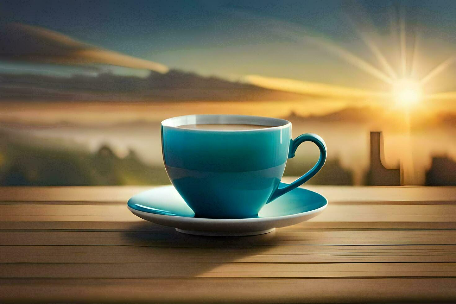 coffee cup on the table, sunrise, city, landscape, hd wallpaper. AI