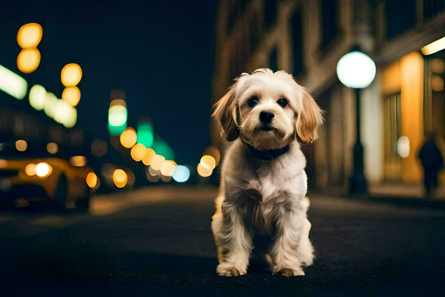 a dog sitting on the street at night. AI-Generated photo