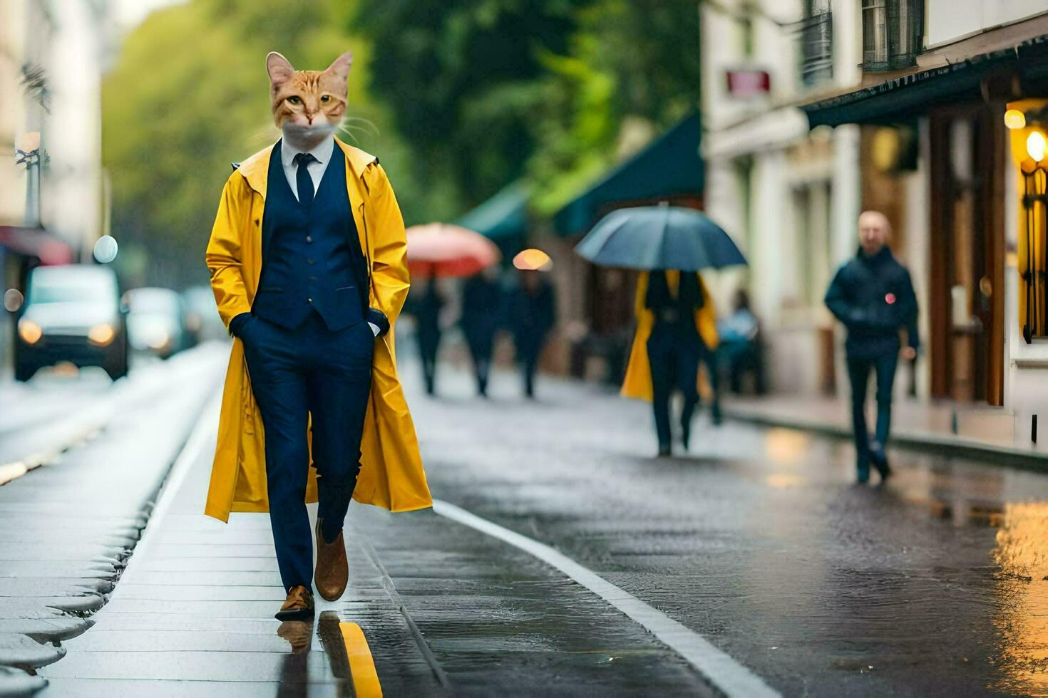a man in a yellow raincoat and suit walking down a street. AI-Generated photo