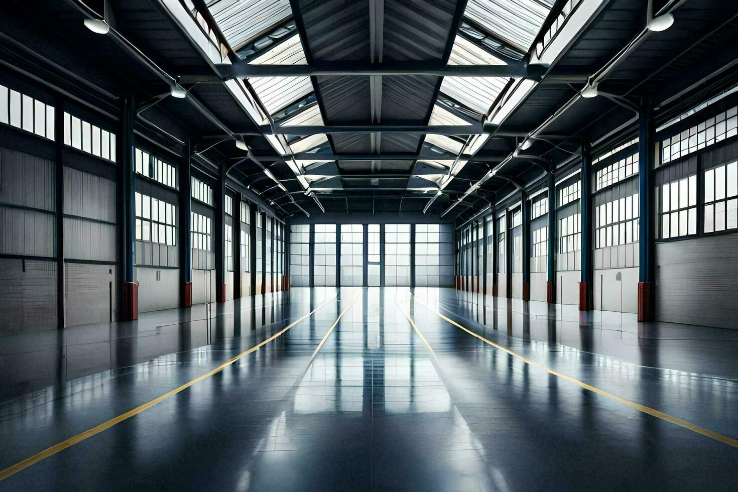 an empty warehouse with a large open door. AI-Generated photo
