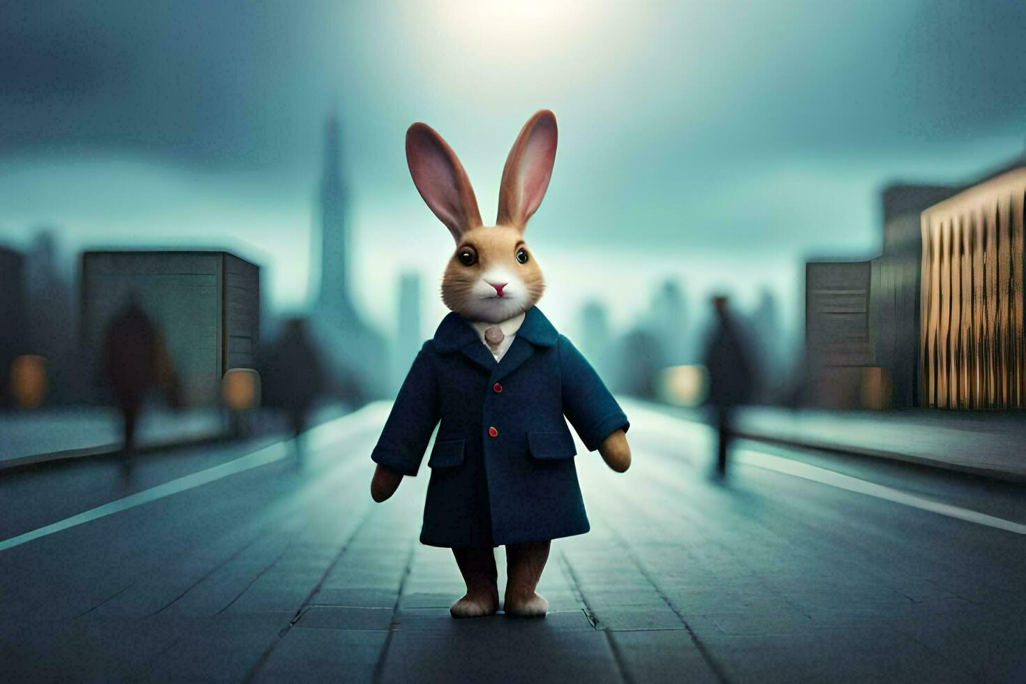 a rabbit in a suit and tie standing in the middle of a city street. AI-Generated photo