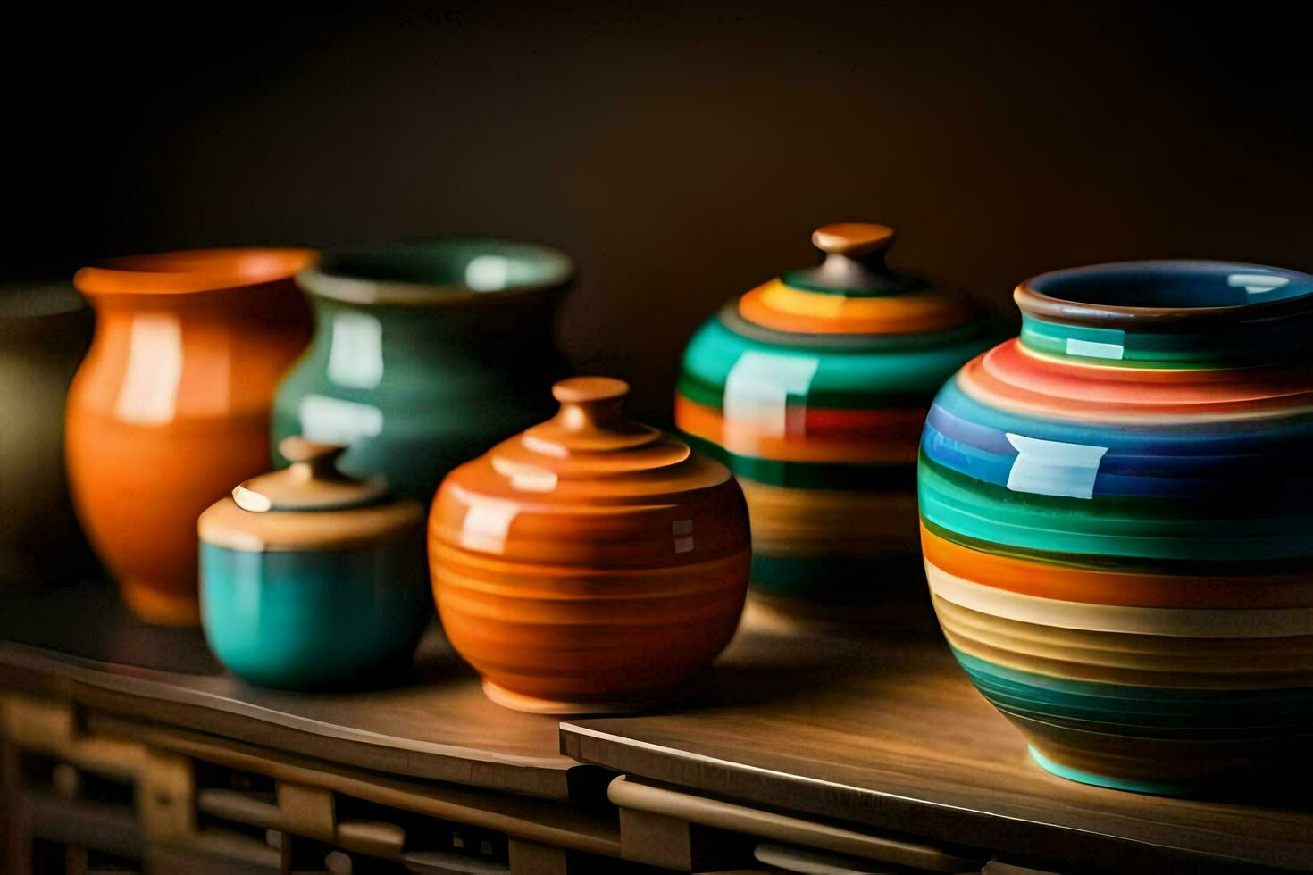colorful vases on a shelf. AI-Generated photo