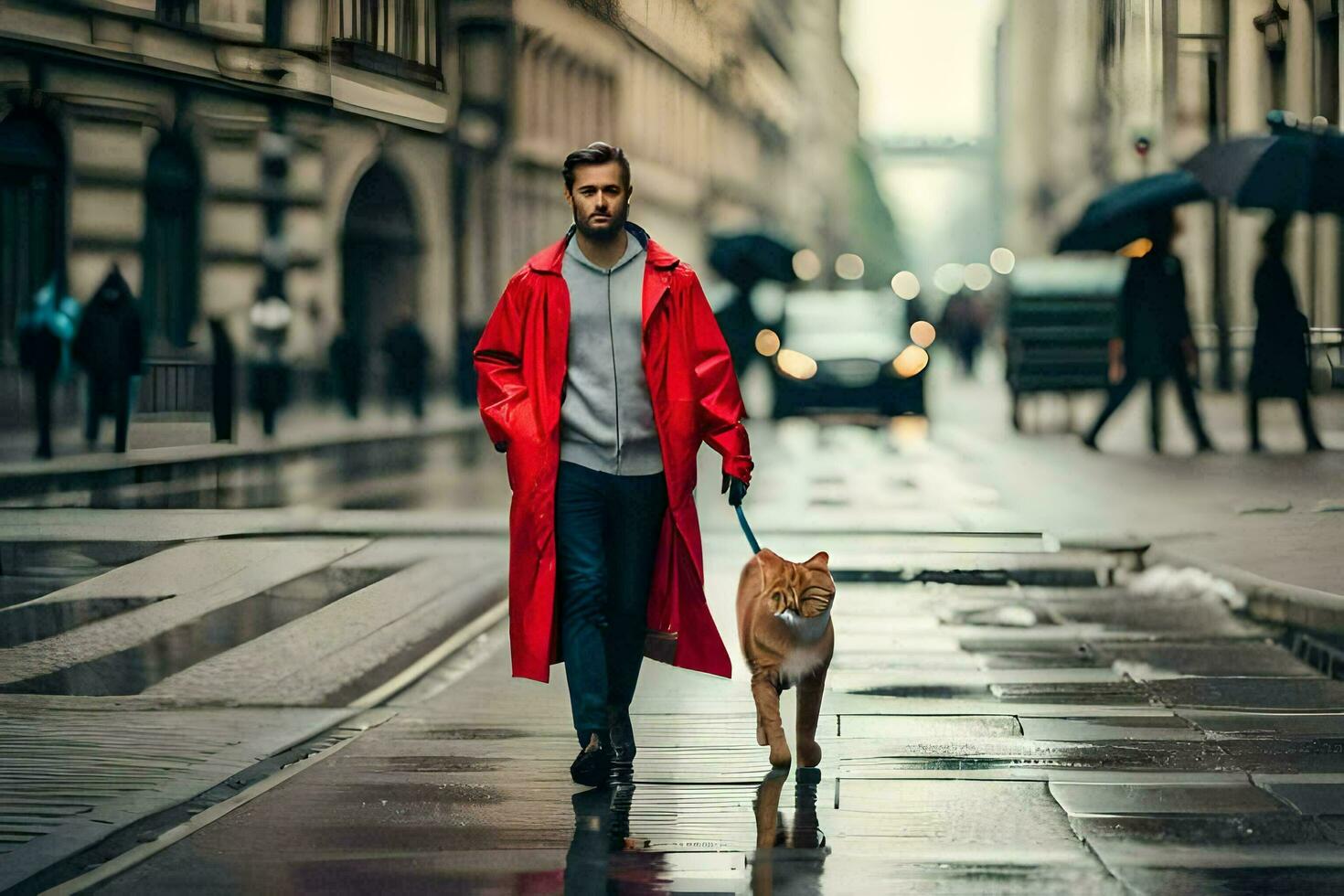 man in red coat walking dog on wet street. AI-Generated photo