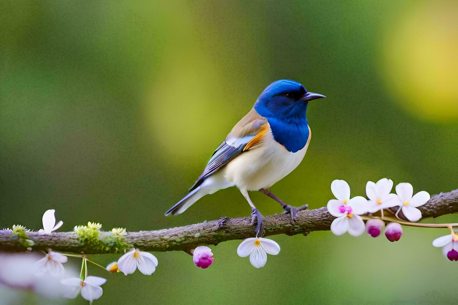 a blue and white bird sits on a branch. AI-Generated photo