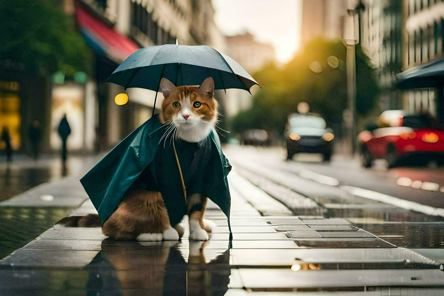 a cat in a raincoat standing on a street. AI-Generated photo