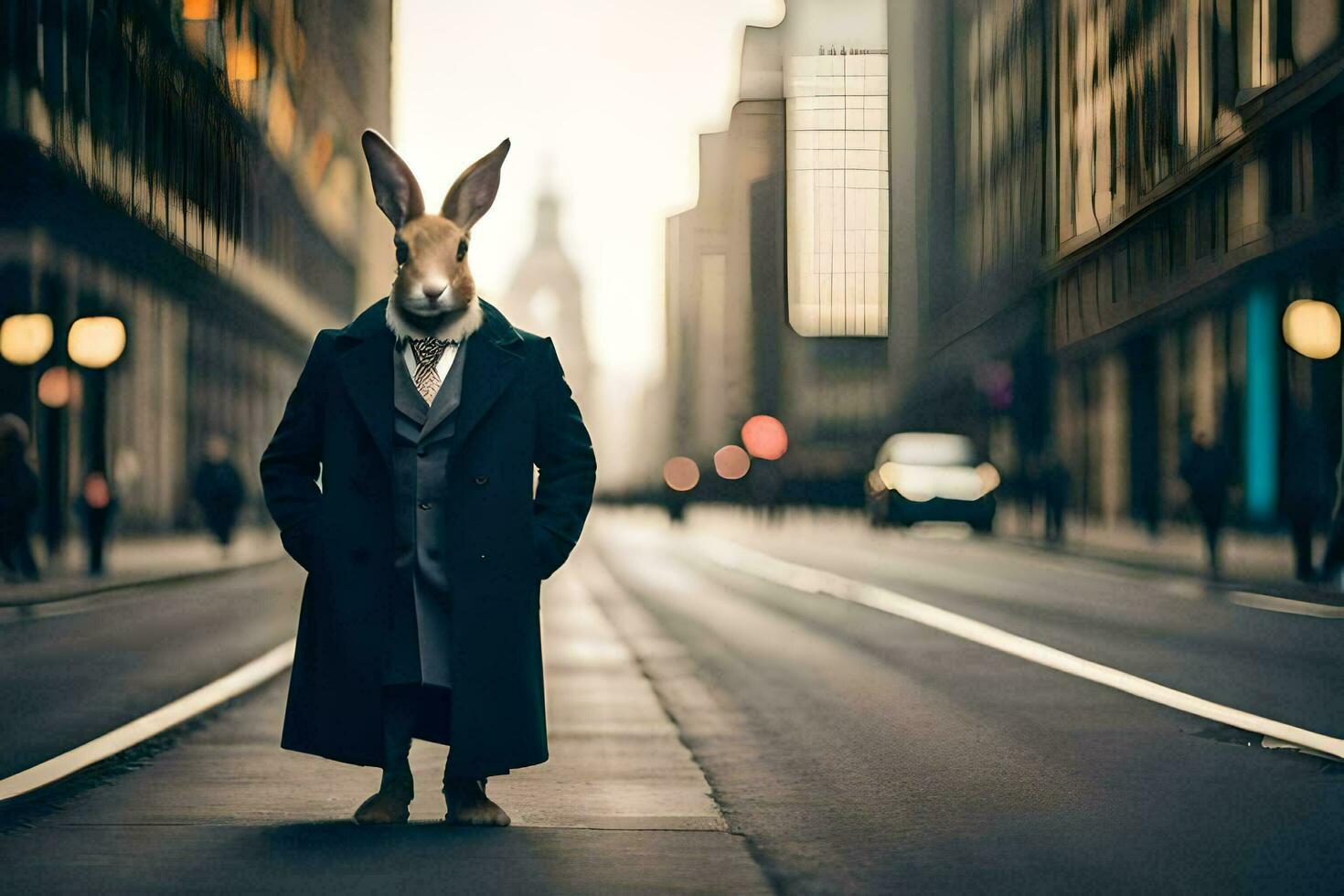 a rabbit dressed in a suit and tie standing in the middle of a city street. AI-Generated photo