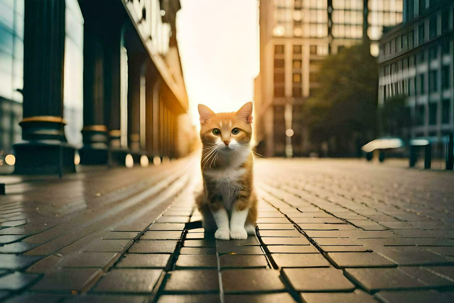 a cat is standing on a brick road in the city. AI-Generated photo