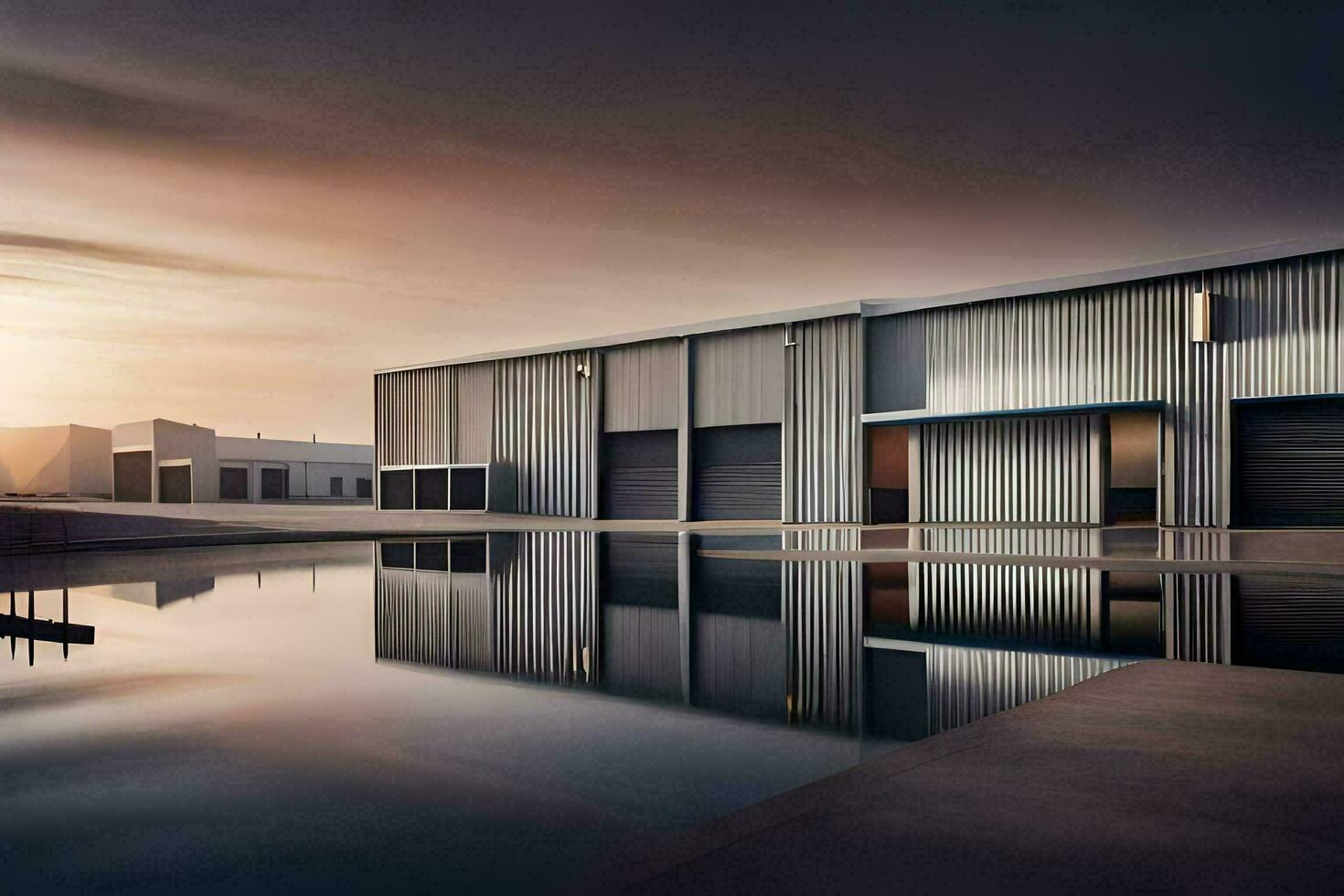 the industrial warehouse is reflected in the water. AI-Generated photo