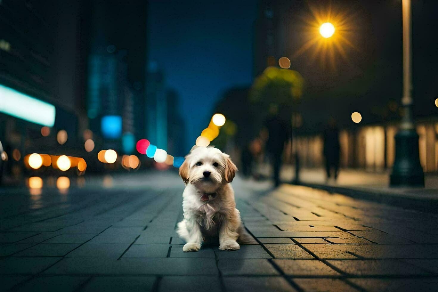 a small dog sitting on the street at night. AI-Generated photo