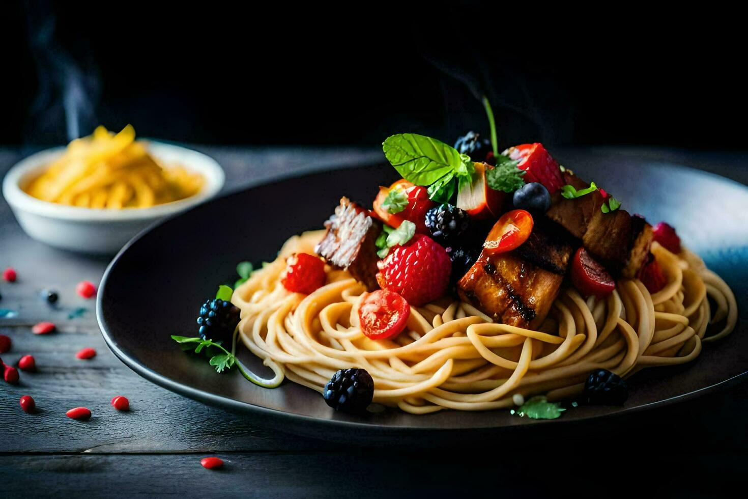 spaghetti with tofu and berries on a black plate. AI-Generated photo