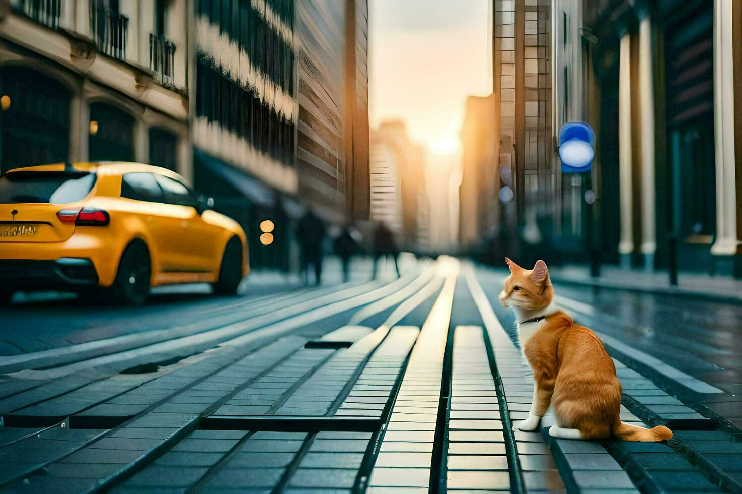 a cat sitting on the street in front of a yellow taxi. AI-Generated photo