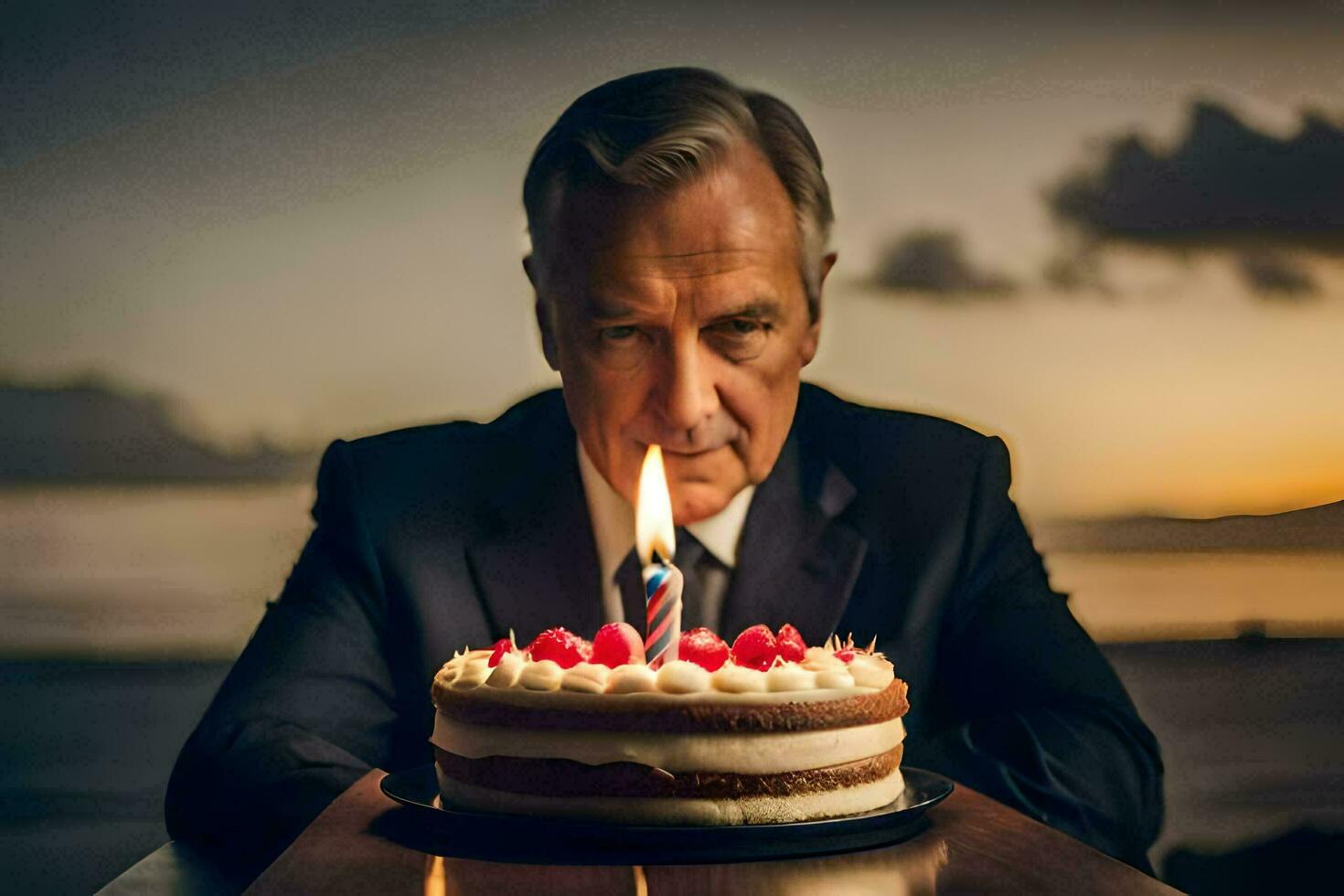 un hombre en un traje y Corbata es sentado en frente de un pastel con un iluminado vela. generado por ai foto