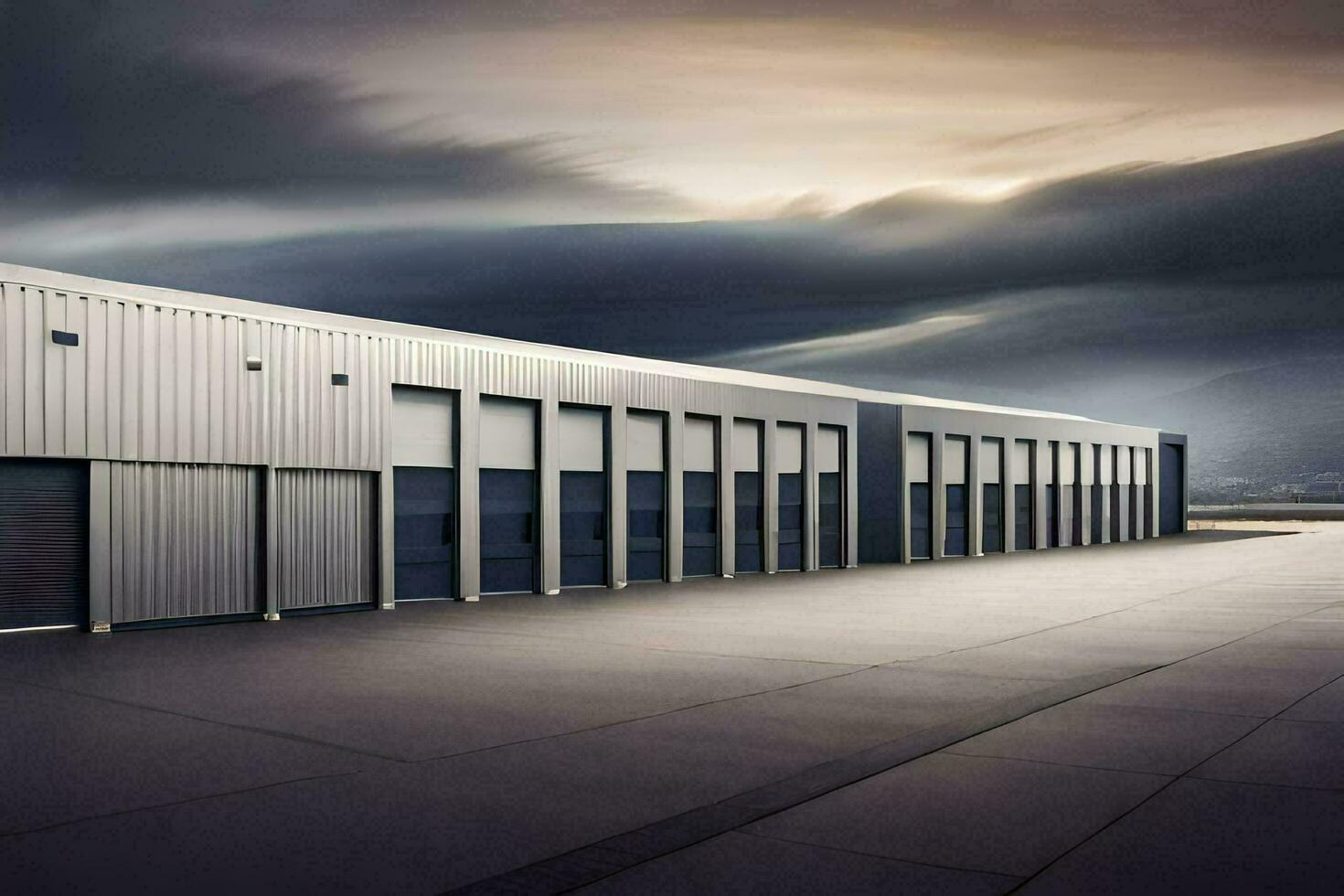 a large warehouse with a dark sky behind it. AI-Generated photo