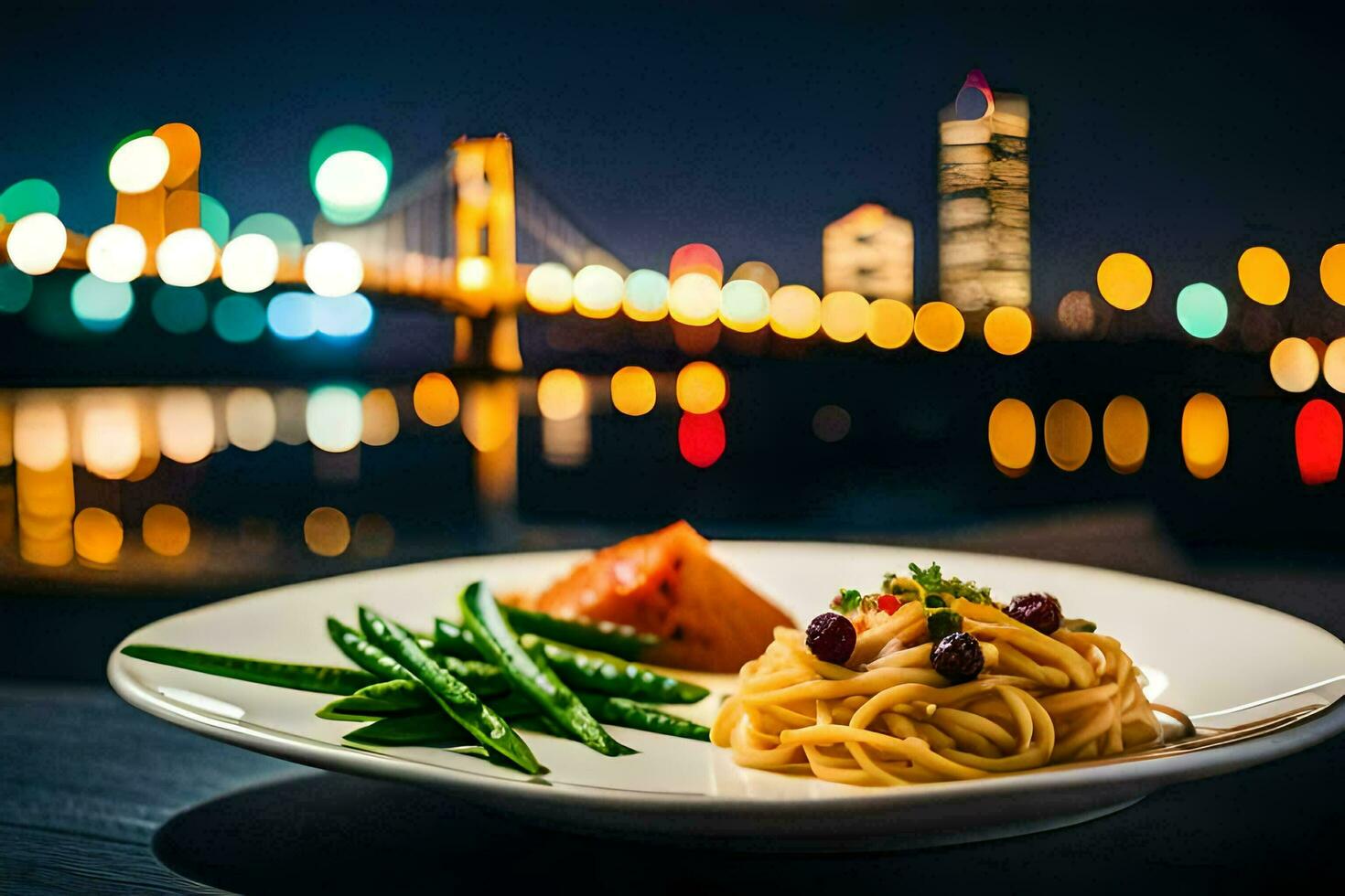 a plate of pasta and a view of the city. AI-Generated photo
