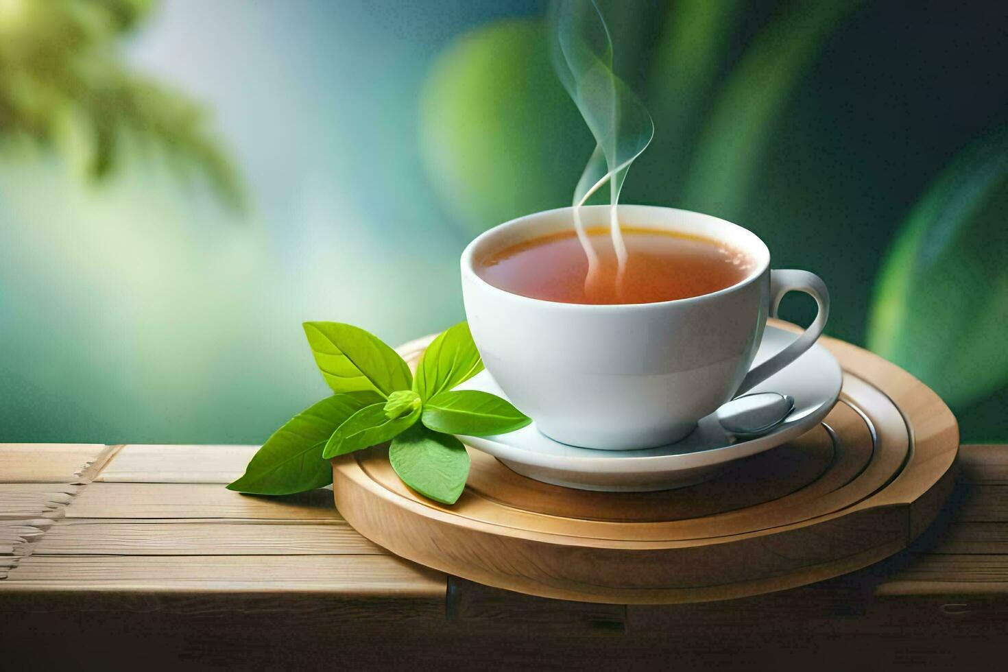 a cup of tea on a wooden table. AI-Generated photo