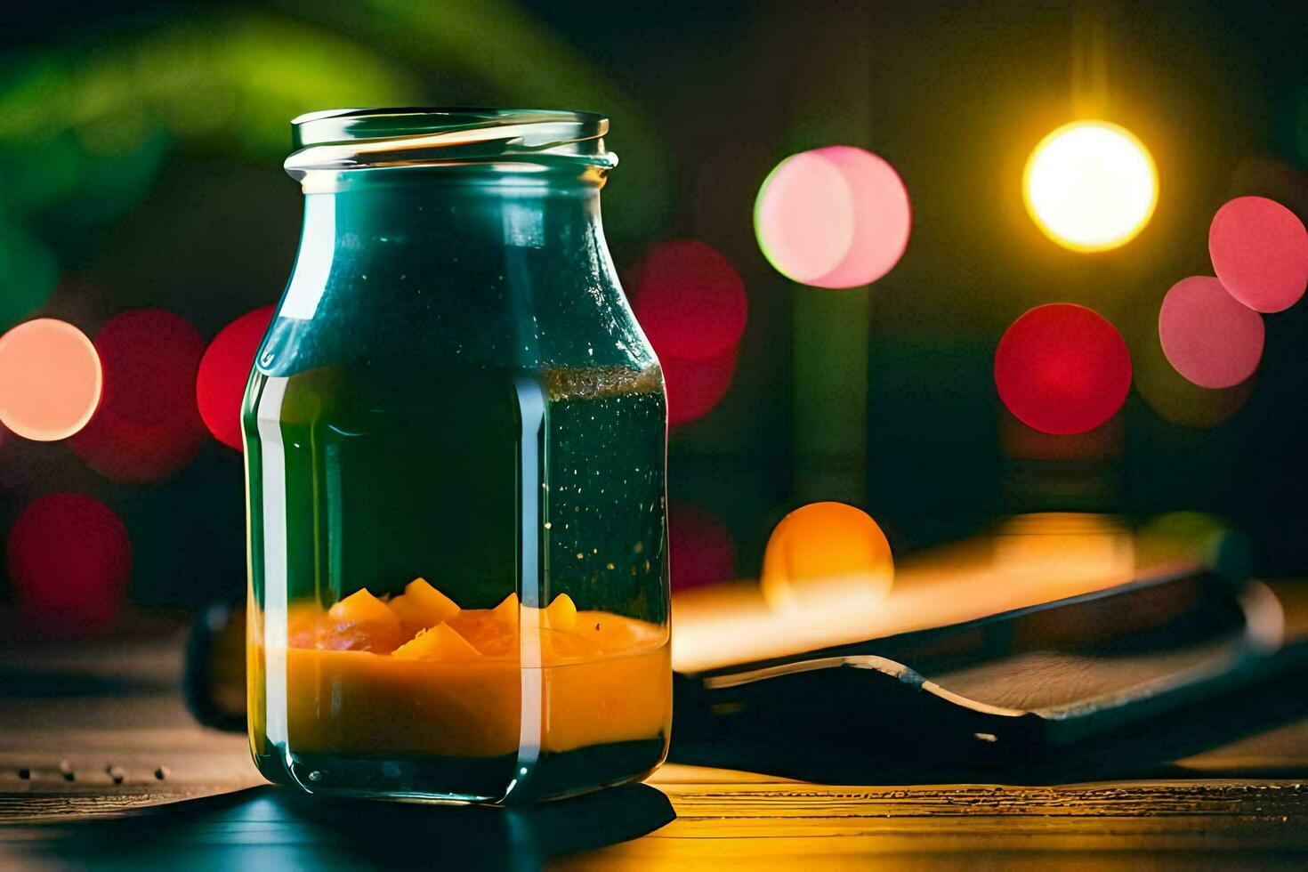 a glass bottle with orange juice sitting on a table. AI-Generated photo