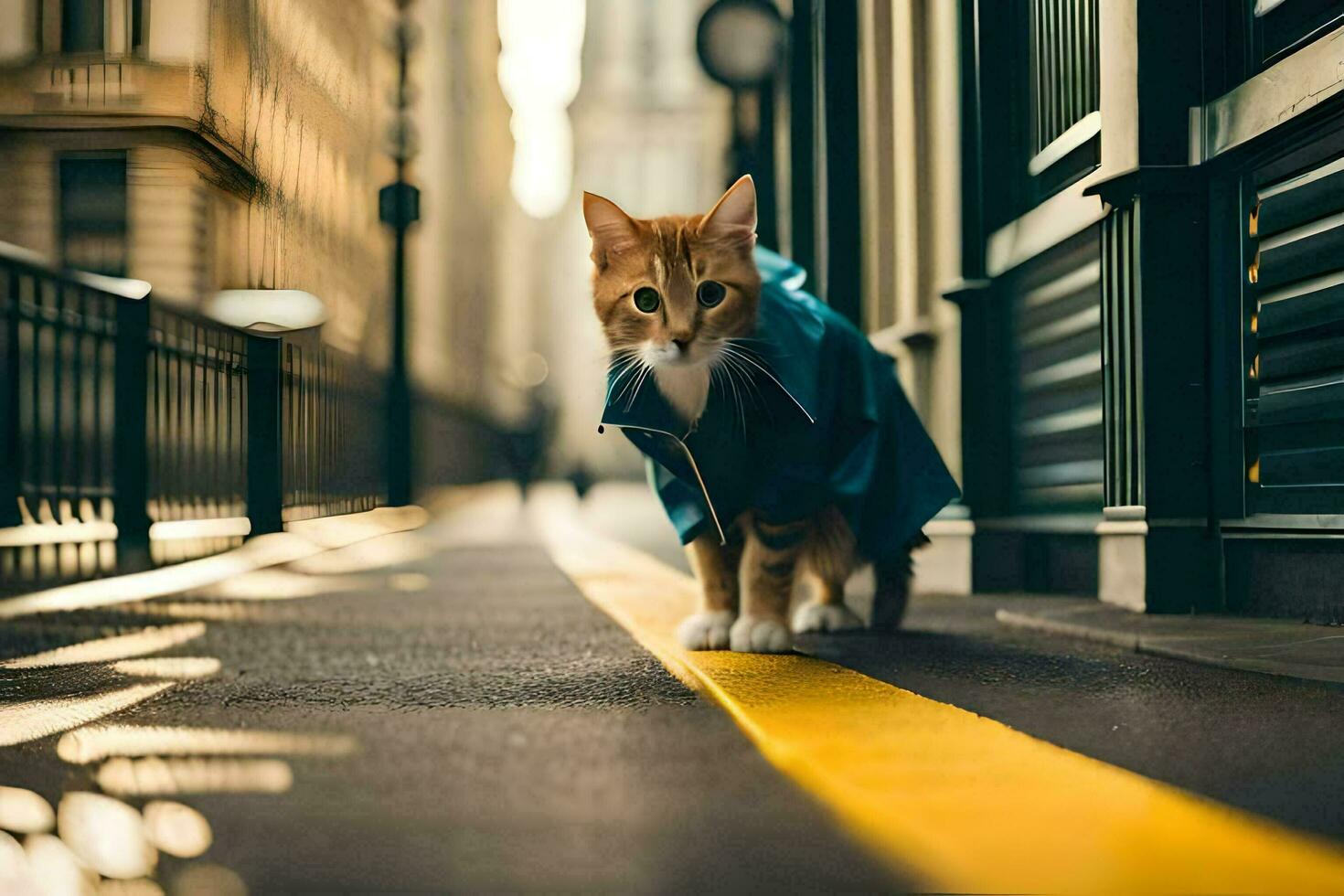 a cat in a blue jacket walking down a street. AI-Generated photo