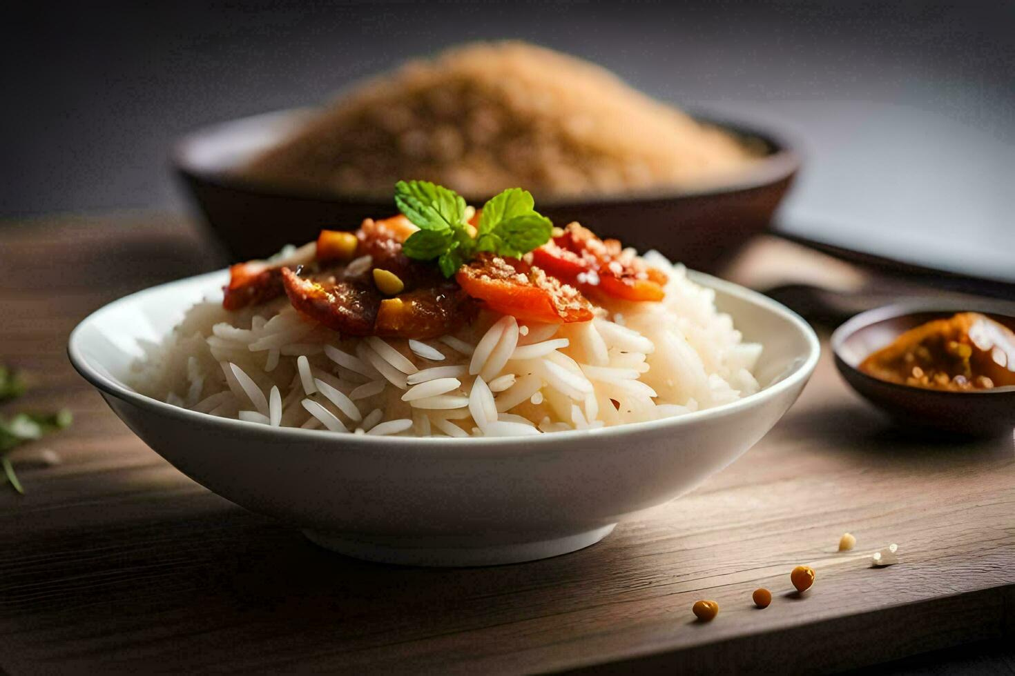 a bowl of rice with tomato sauce and spices. AI-Generated photo
