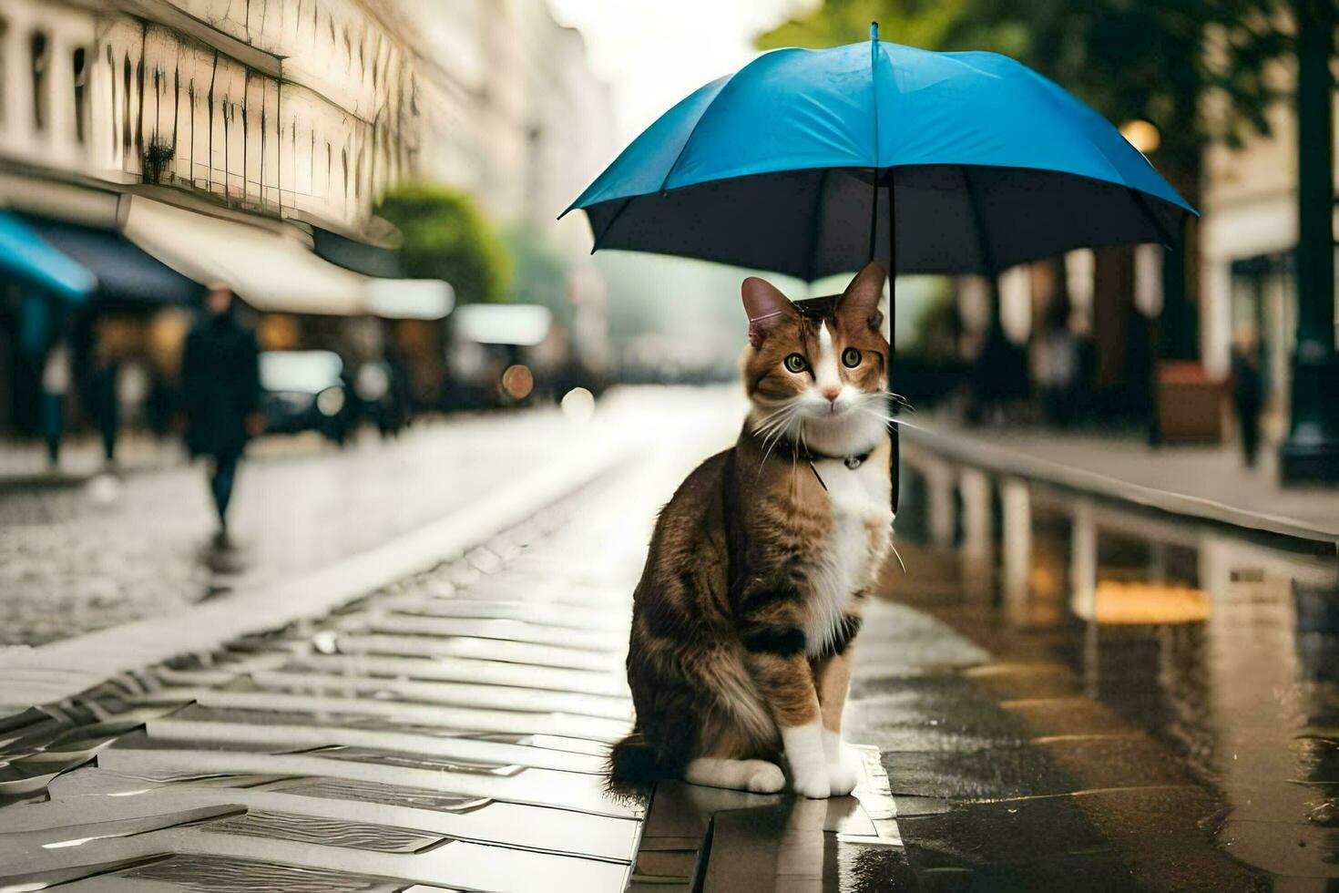 a cat is standing on a wet street with an umbrella. AI-Generated photo