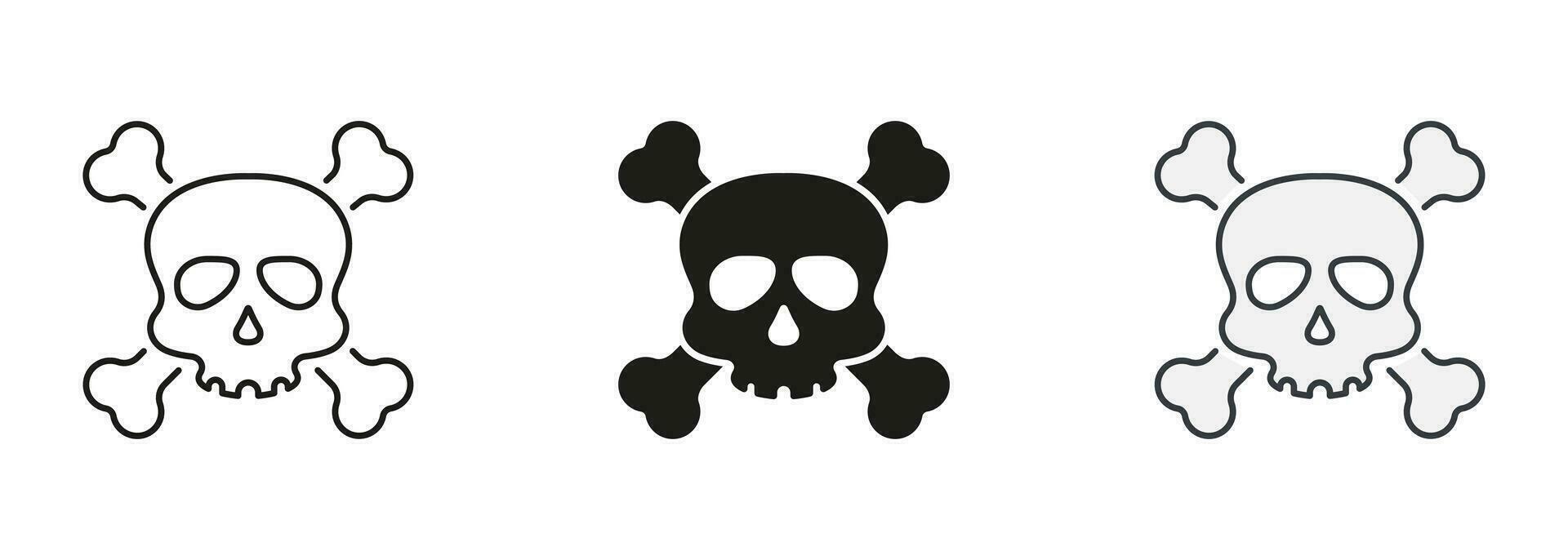 Skull with Crossbones for Celebration Halloween Line and Silhouette Icon Set. Toxic, Danger, Poison Symbol Collection. Skeleton Face with Cross Bones Pictogram. Isolated Vector Illustration.