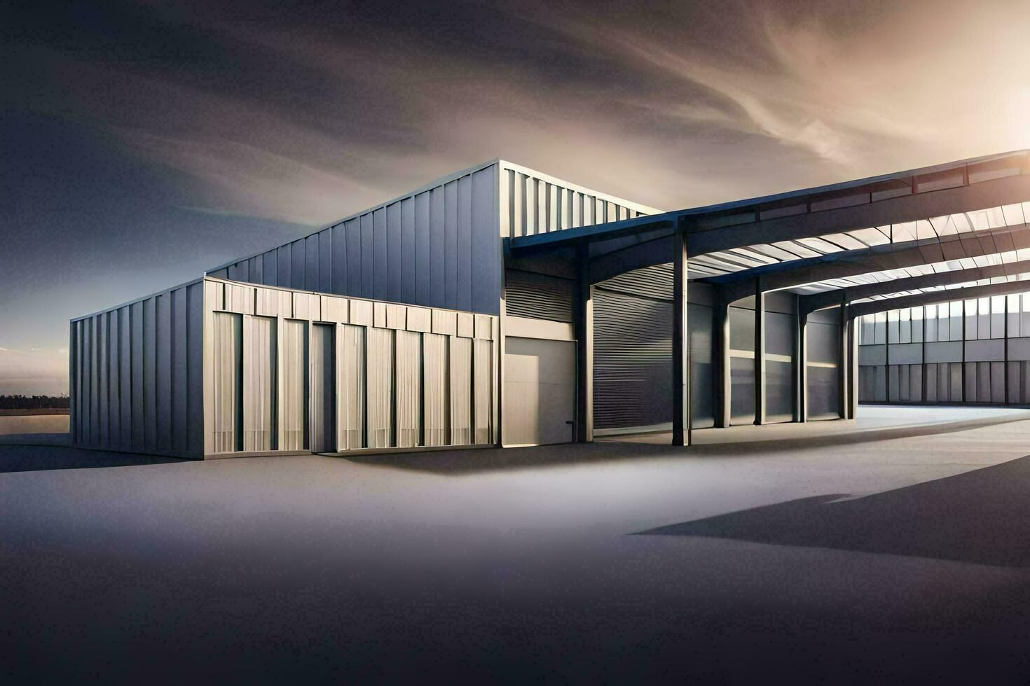 a large warehouse with a large metal roof. AI-Generated photo