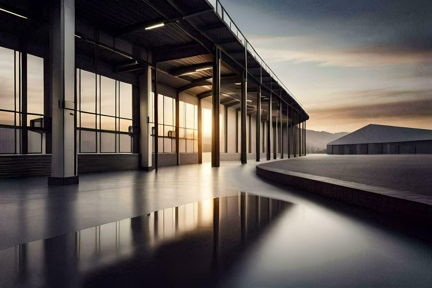the sun is setting in the distance in an empty building. AI-Generated photo