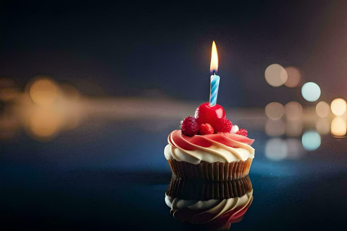 a cupcake with a single candle on top. AI-Generated photo