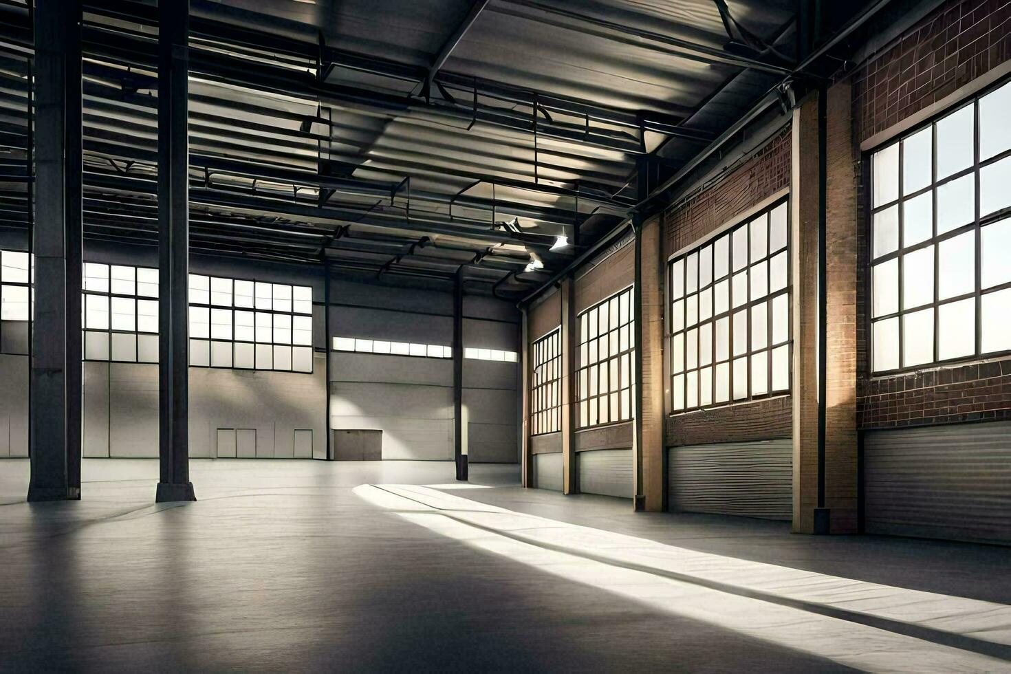an empty warehouse with large windows and a large door. AI-Generated
