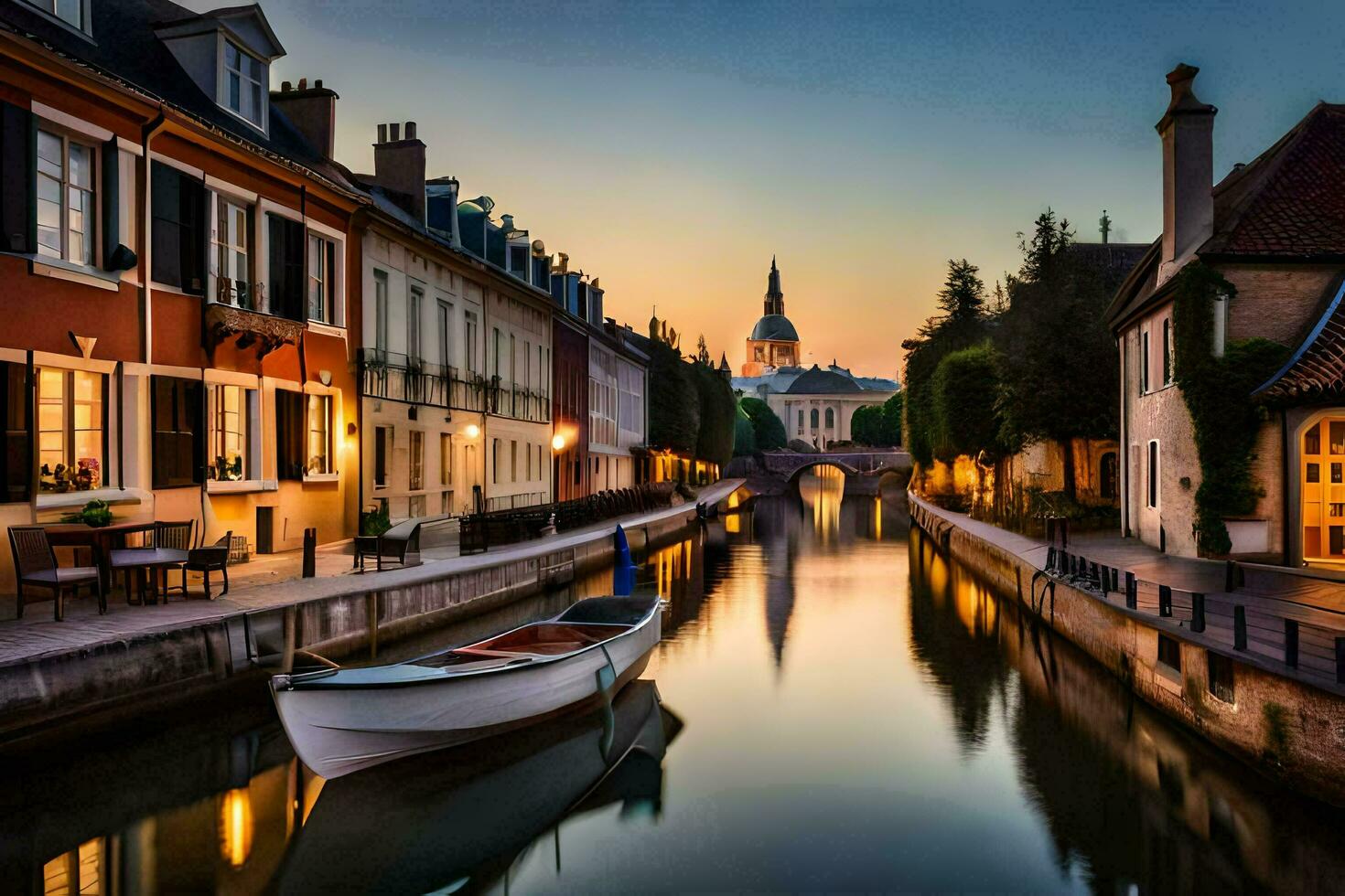 a boat is docked in a canal at sunset. AI-Generated photo