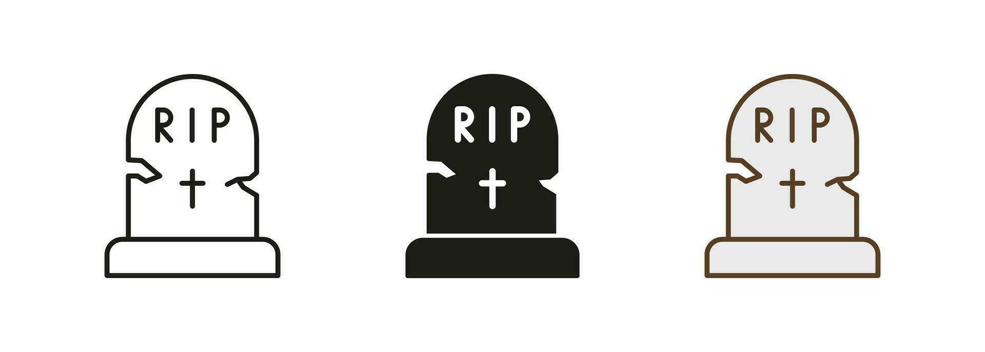 Tombstone on Grave Line and Silhouette Icon Set. Grave with RIP Text for Halloween Party Decorating Pictogram. Headstone, Rest in Peace Symbol Collection. Isolated Vector Illustration.