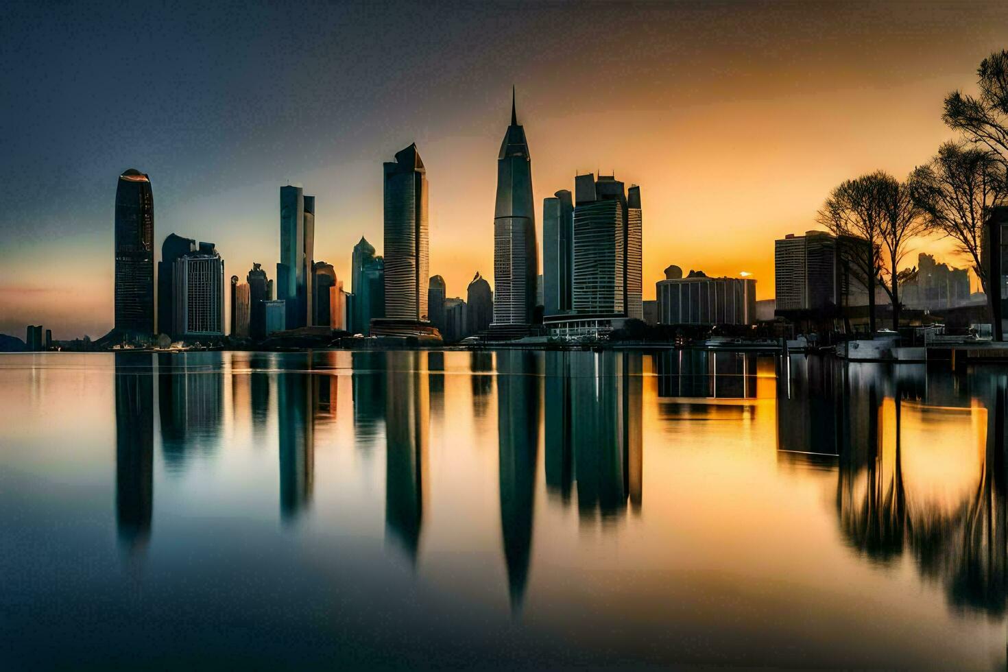 the city skyline is reflected in the water at sunset. AI-Generated photo