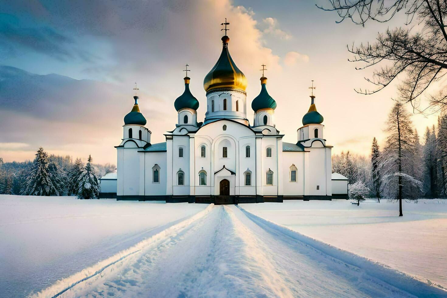 un blanco Iglesia con oro domos en el nieve. generado por ai foto