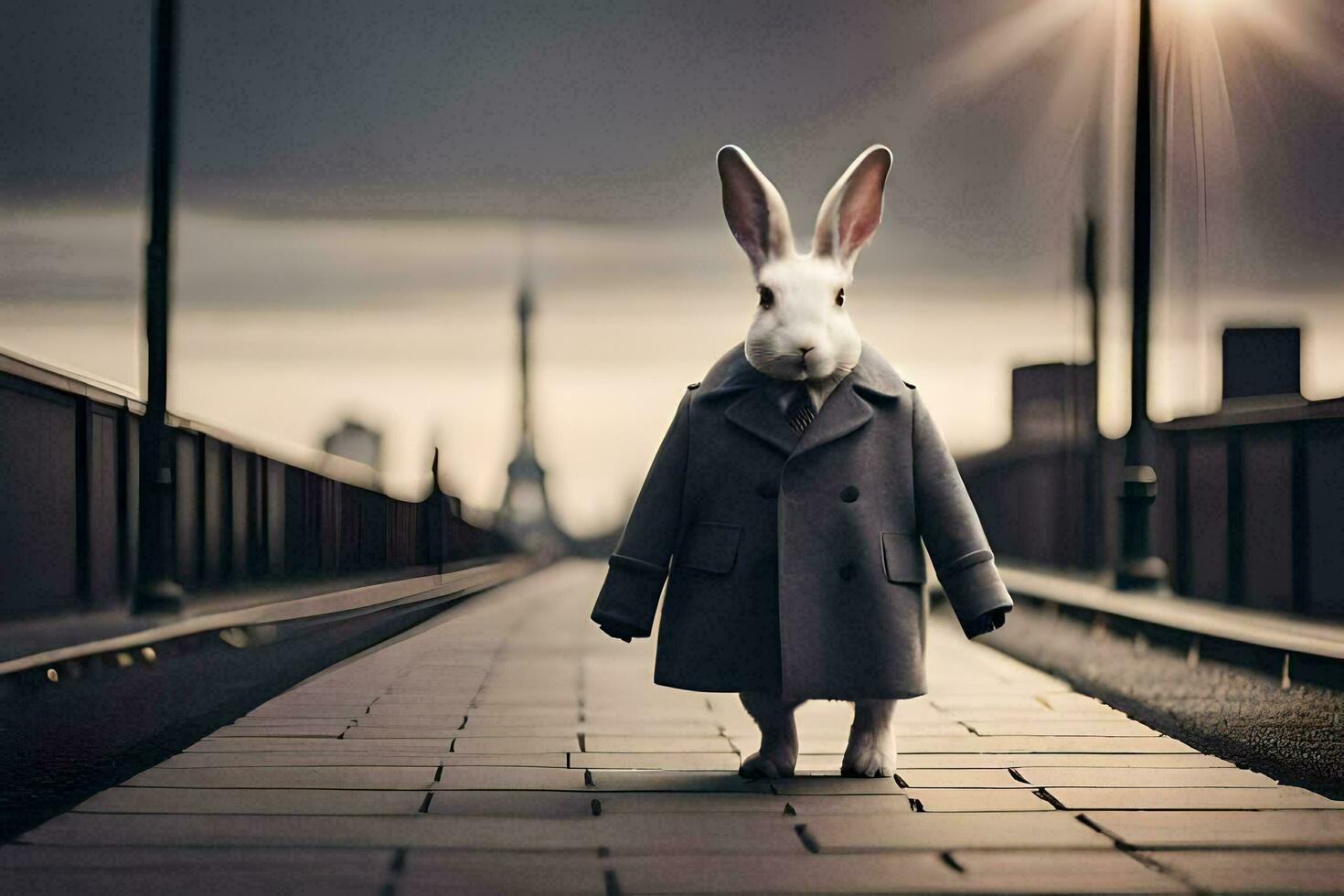 a rabbit wearing a coat and tie standing on a bridge. AI-Generated photo