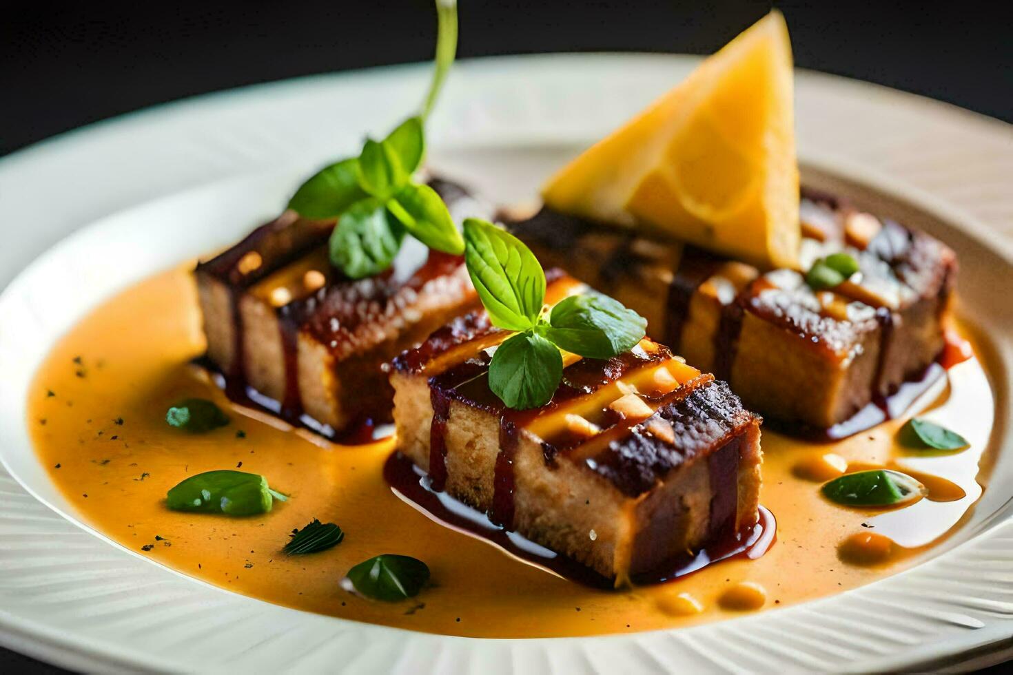 a plate of food with meat and sauce. AI-Generated photo